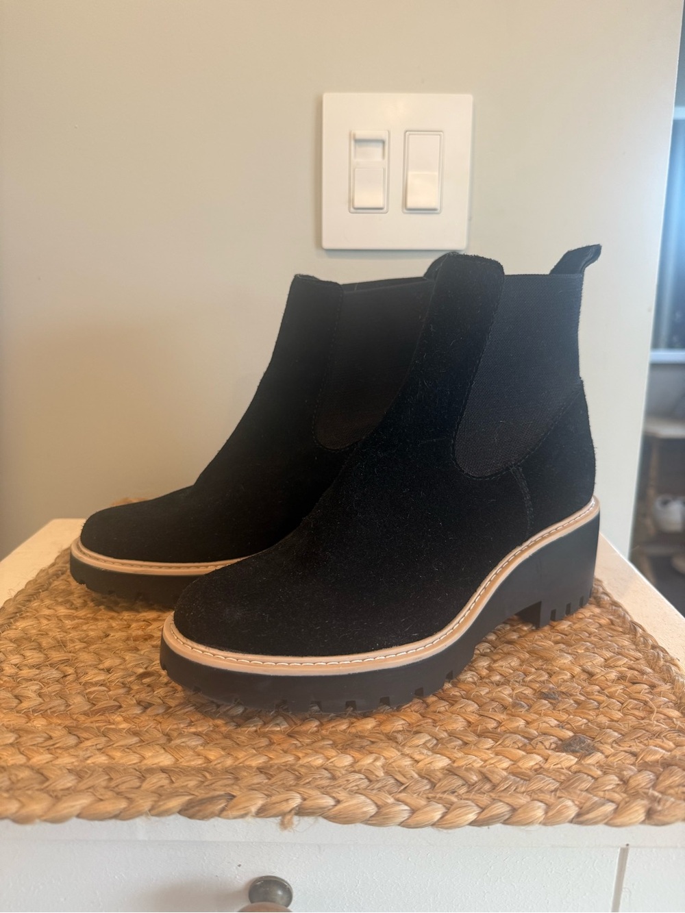 Dolce Vita Black Suede Booties with Tan Trim